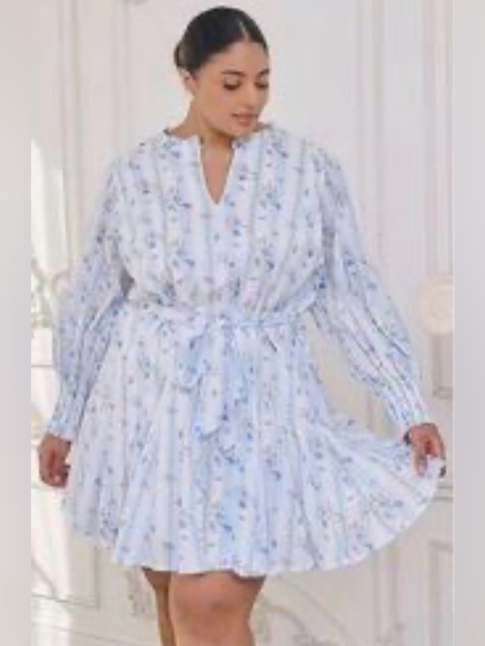 Sugarlips Light Blue Floral Long-Sleeve Tie-Waist Mini Dress